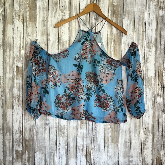 Line & Dot Tops - Line + Dot Blue Floral Open Shoulder Blouse